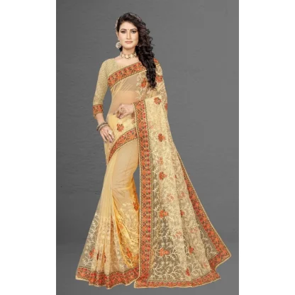 Women's Net Saree With Blouse (Chiku, 5-6Mtrs) - Image 5