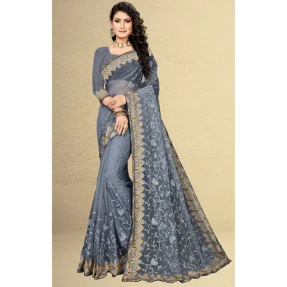 Women's Net Saree With Blouse (Grey, 5-6Mtrs) - Image 5