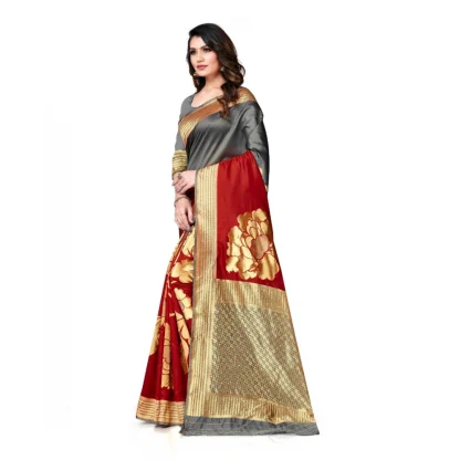 Women's Banarasi Silk Saree With Blouse (Grey, Red, 5-6Mtrs) - Image 3