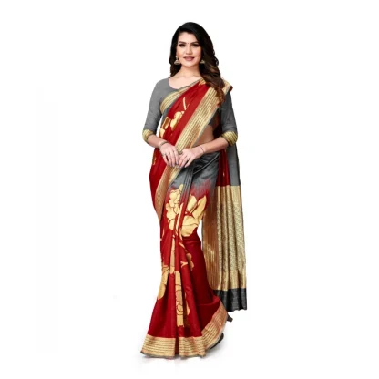 Women's Banarasi Silk Saree With Blouse (Grey, Red, 5-6Mtrs) - Image 2