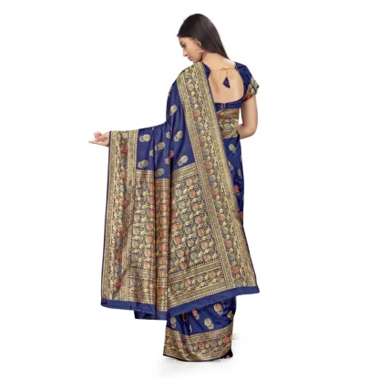 Women's Banarasi Silk Saree With Blouse (Navy Blue, 5-6Mtrs) - Image 2