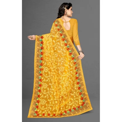 Women's Net Saree With Blouse (Yellow, 5-6Mtrs) - Image 2