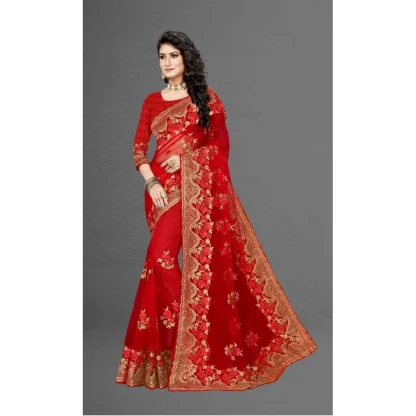 Women's Net Saree With Blouse (Red, 5-6Mtrs) - Image 5