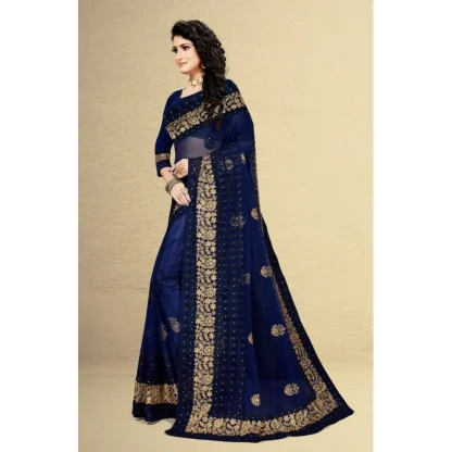 Women's Net Saree With Blouse (Navy Blue, 5-6Mtrs) - Image 4