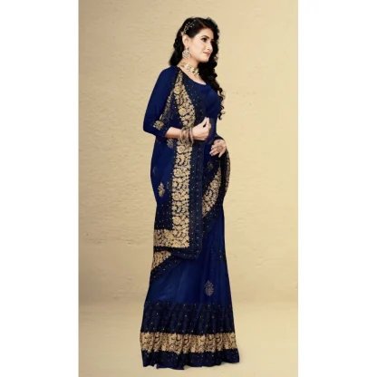 Women's Net Saree With Blouse (Navy Blue, 5-6Mtrs) - Image 3