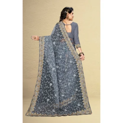 Women's Net Saree With Blouse (Grey, 5-6Mtrs) - Image 2