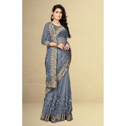 Women's Net Saree With Blouse (Grey, 5-6Mtrs) - Image 3