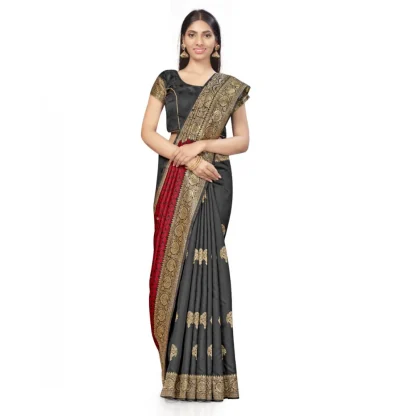 Women's Banarasi Silk Saree With Blouse (Black, Red, 5-6Mtrs) - Image 2