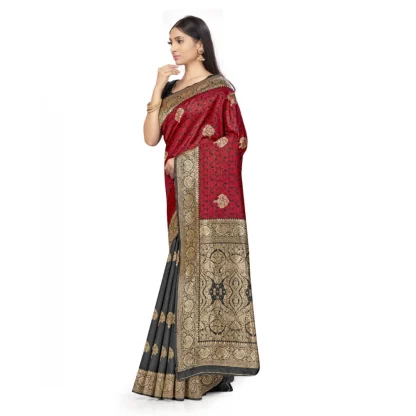 Women's Banarasi Silk Saree With Blouse (Black, Red, 5-6Mtrs) - Image 4