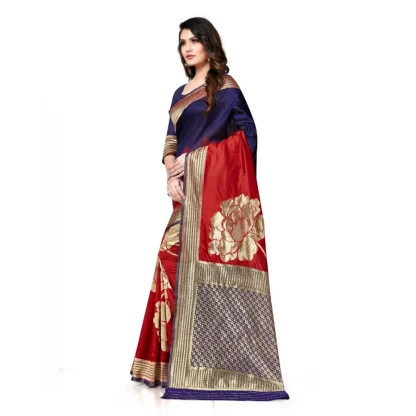 Women's Banarasi Silk Saree With Blouse (Navy Blue, Red, 5-6Mtrs) - Image 4