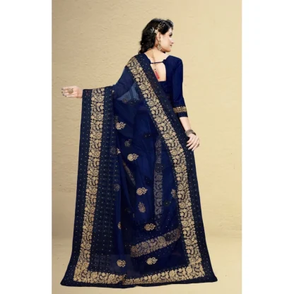 Women's Net Saree With Blouse (Navy Blue, 5-6Mtrs) - Image 2