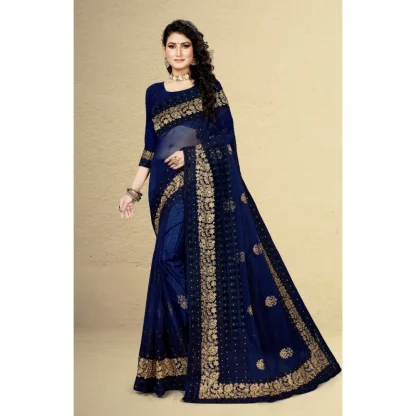 Women's Net Saree With Blouse (Navy Blue, 5-6Mtrs) - Image 5