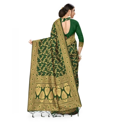 Women's Banarasi Silk Saree With Blouse (Green, 5-6Mtrs) - Image 2