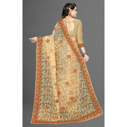 Women's Net Saree With Blouse (Chiku, 5-6Mtrs) - Image 3