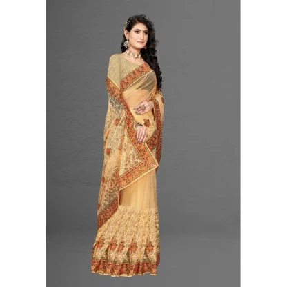 Women's Net Saree With Blouse (Chiku, 5-6Mtrs) - Image 2