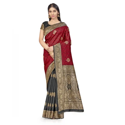 Women's Banarasi Silk Saree With Blouse (Black, Red, 5-6Mtrs)