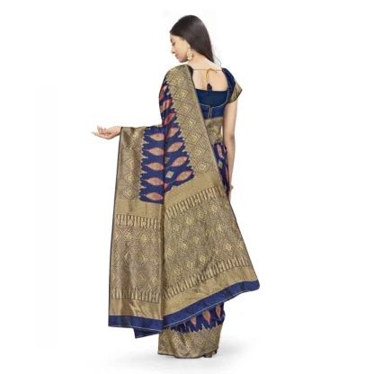 Women's Banarasi Silk Saree With Blouse (Navy Blue, 5-6Mtrs) - Image 3