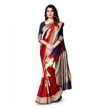 Women's Banarasi Silk Saree With Blouse (Navy Blue, Red, 5-6Mtrs) - Image 3