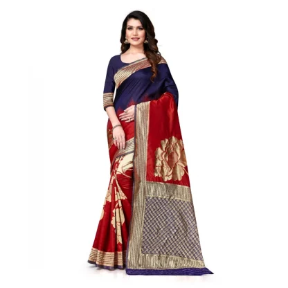 Women's Banarasi Silk Saree With Blouse (Navy Blue, Red, 5-6Mtrs)