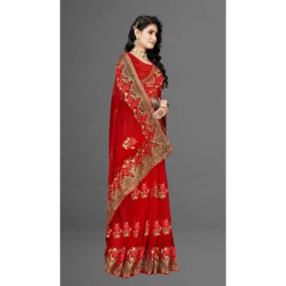 Women's Net Saree With Blouse (Red, 5-6Mtrs) - Image 3