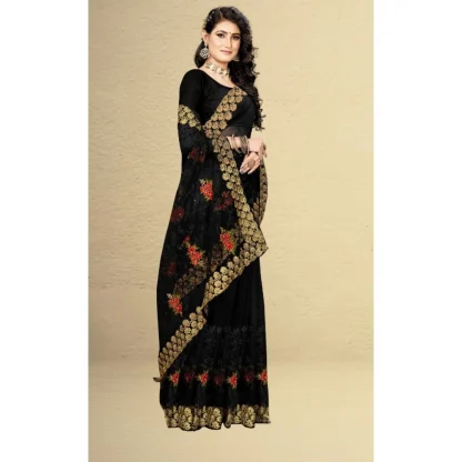 Women's Net Saree With Blouse (Black, 5-6Mtrs) - Image 3