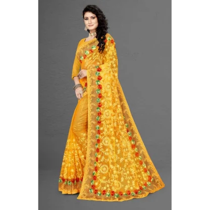 Women's Net Saree With Blouse (Yellow, 5-6Mtrs) - Image 4