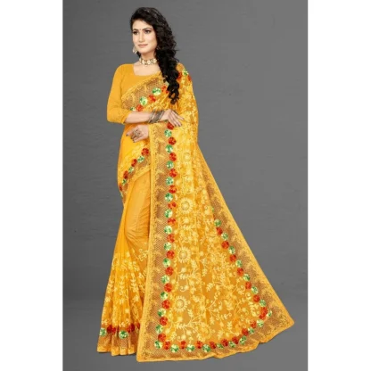 Women's Net Saree With Blouse (Yellow, 5-6Mtrs) - Image 5