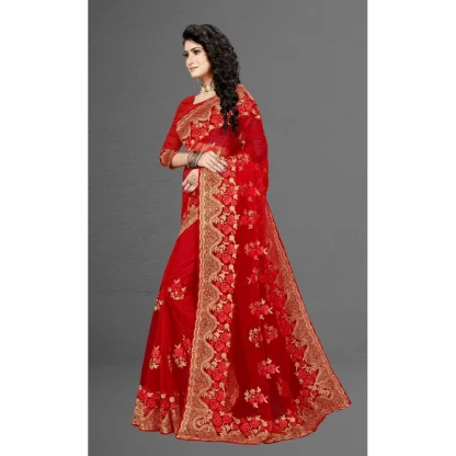 Women's Net Saree With Blouse (Red, 5-6Mtrs) - Image 4