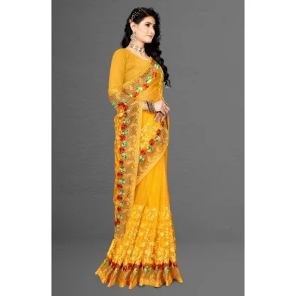 Women's Net Saree With Blouse (Yellow, 5-6Mtrs) - Image 3