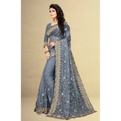 Women's Net Saree With Blouse (Grey, 5-6Mtrs) - Image 4