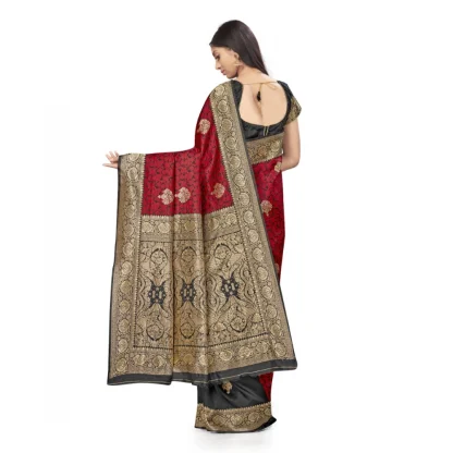 Women's Banarasi Silk Saree With Blouse (Black, Red, 5-6Mtrs) - Image 3