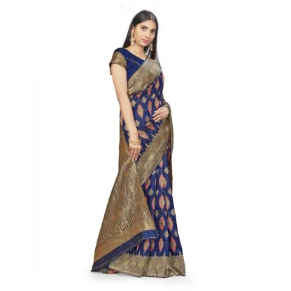 Women's Banarasi Silk Saree With Blouse (Navy Blue, 5-6Mtrs) - Image 2