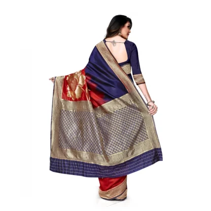 Women's Banarasi Silk Saree With Blouse (Navy Blue, Red, 5-6Mtrs) - Image 2