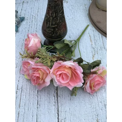 Artificial Flowers Bunch Bouquet Of 5 Vintage Garden Roses For Home Decoration (Peach Pink, Material:Silk, Polyester) - Image 2