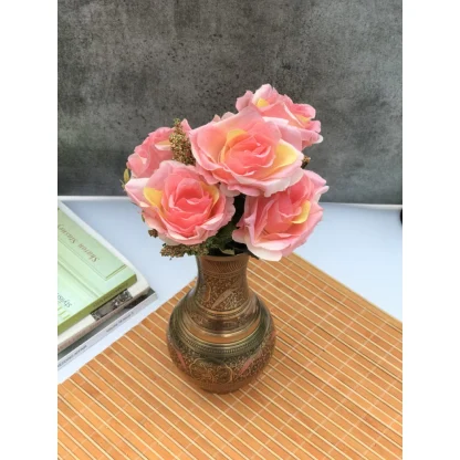 Artificial Flowers Bunch Bouquet Of 5 Vintage Garden Roses For Home Decoration (Peach Pink, Material:Silk, Polyester) - Image 3