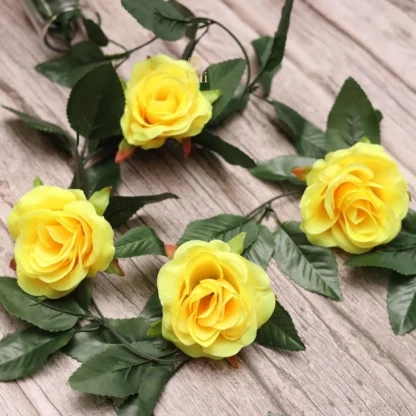 Artificial Rose Vine Flowers With Green Leaves For Home Party Garden Wall Decoration (Yellow, Material:Silk, Polyester) - Image 3