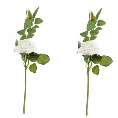 Pack Of_2 Artificial White Velvet Rose Flower Stem With Bud For Home Decoration (White, Material:Silk, Polyester)