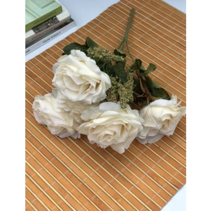 Artificial Flowers Bunch Bouquet Of 5 Vintage Garden Roses For Home Decoration (White, Material:Silk, Polyester) - Image 2