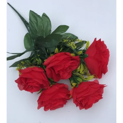 Artificial Flowers Bunch Bouquet Of 5 Roses For Home Decoration (Red, Material:Silk, Polyester) - Image 3