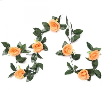 Artificial Rose Vine Flowers With Green Leaves For Home Party Garden Wall Decoration (Peach, Material:Silk, Polyester)