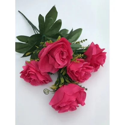 Artificial Flowers Bunch Bouquet Of 5 Roses For Home Decoration (Dark Pink, Material:Silk, Polyester) - Image 3