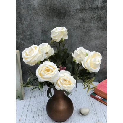 Artificial Flowers Bunch Bouquet Of 5 Vintage Garden Roses For Home Decoration (White, Material:Silk, Polyester) - Image 4