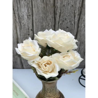 Artificial Flowers Bunch Bouquet Of 5 Vintage Garden Roses For Home Decoration (White, Material:Silk, Polyester) - Image 3