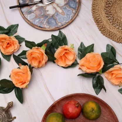 Artificial Rose Vine Flowers With Green Leaves For Home Party Garden Wall Decoration (Peach, Material:Silk, Polyester) - Image 2