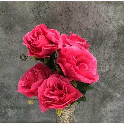 Artificial Flowers Bunch Bouquet Of 5 Roses For Home Decoration (Dark Pink, Material:Silk, Polyester) - Image 2