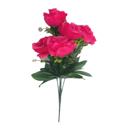 Artificial Flowers Bunch Bouquet Of 5 Roses For Home Decoration (Dark Pink, Material:Silk, Polyester)