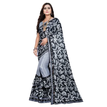 Women's Lycra Blend Saree with Blouse (Grey, 5-6 Mtrs)