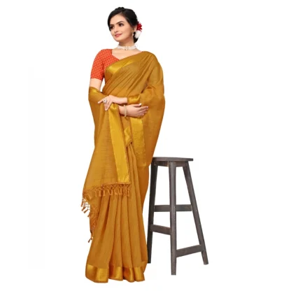 Women's Cotton Blend Stripe Pattern Sarees (Mustard, 5-6 Mtrs) - Image 3