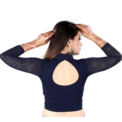 Women's 3/4 th Sleeve Cotton Lycra Readymade Blouse (Navy Blue, Free Size) - Image 4