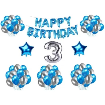 3Rd Happy Birthday Decoration Combo With Foil And Star Balloons (Blue, Silver)